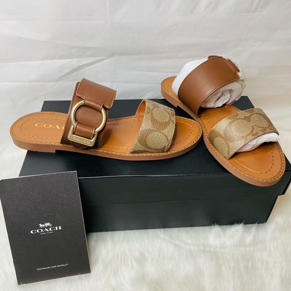 New women Coach Hallie Signature Sandals Khaki leather size 5.5 - Picture 1 of 10
